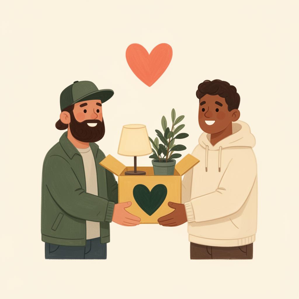 Twee mensen geven een doos met een groen hart aan elkaar door.